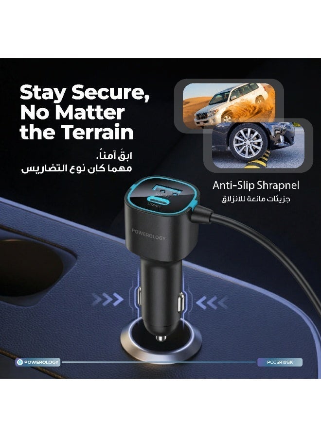 باورولوجي شاحن سيارة متعدد المنافذ من Currnex بقوة 60 واط مع كابل USB-C قابل للسحب بطول 75 سم، ومحول قابس سيارة، وشحن سريع PD بقوة 30 واط وQC بقوة 30 واط، وشحن متزامن، وشاشة LED لعرض الجهد، وشحن متعدد المنافذ، وكابل قابل للتمديد بطول 1.5 متر مرفق - أسود - Image 3